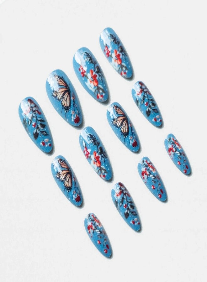 OCOUYVD Press on Nails Almond Stiletto Heel Fake Nails with Flower Butterfly Designs Spring Summer Nails Glue Nails Glossy Blue Brown Acrylic Full Cover Nails False Nails Tip Stick on Nails for Women 24PCS - Image 5